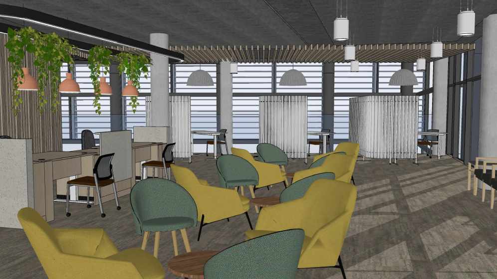 A graphic depicting how the Level 2 waiting area will look